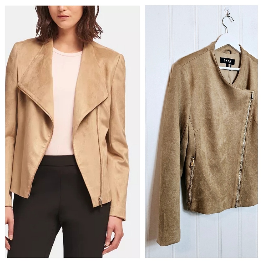 DKNY Faux Suede Moto Jacket Womens L Asymmetrical Zip Biker Cropped Tan Camel